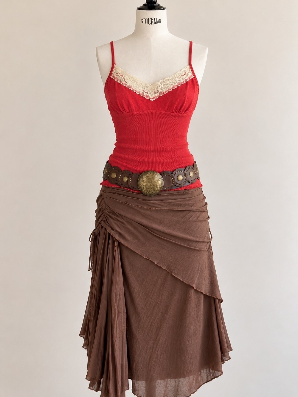 Vintage Red Lace-Trim Cami Tank Top